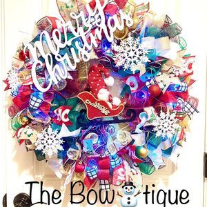 Handmade Christmas Gnome in Sleigh Holiday Ribbon Door Wreath 26 ins LED XLW2